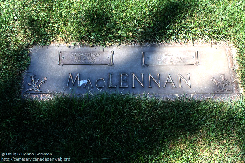 Photo of headstones/Alexander MacLennan 1885-1985-ONESS14950-3982-CanadaGenWeb-Cemetery-Ontario-Essex